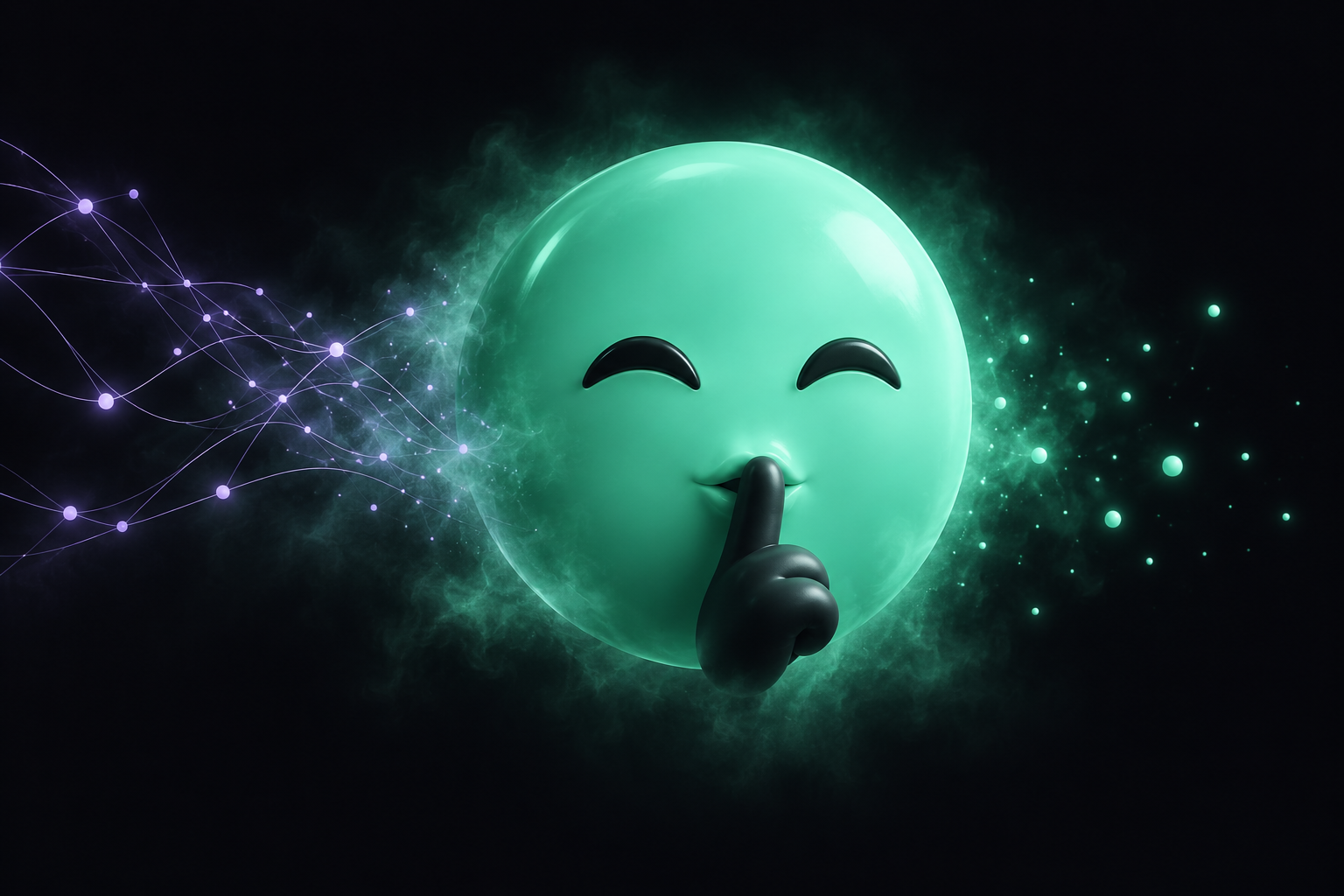 A calm mint face shushes as public connections dissolve into mist.